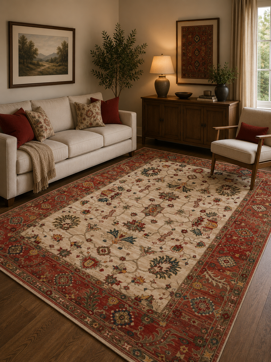 Eko Halı KYBELE KYB 04 CREAM RED XW Etnik Desenli Otantik Salon Halısı Oturma Odası Halısı Mutfak Halısı Modern Makine Halısı