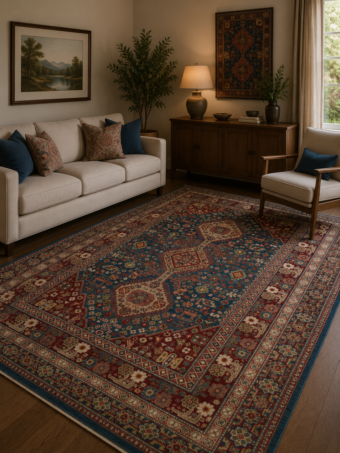 Eko Halı KYBELE KYB 05 NAVY RED XW Etnik Desenli Otantik Salon Halısı Oturma Odası Halısı Mutfak Halısı Modern Makine Halısı