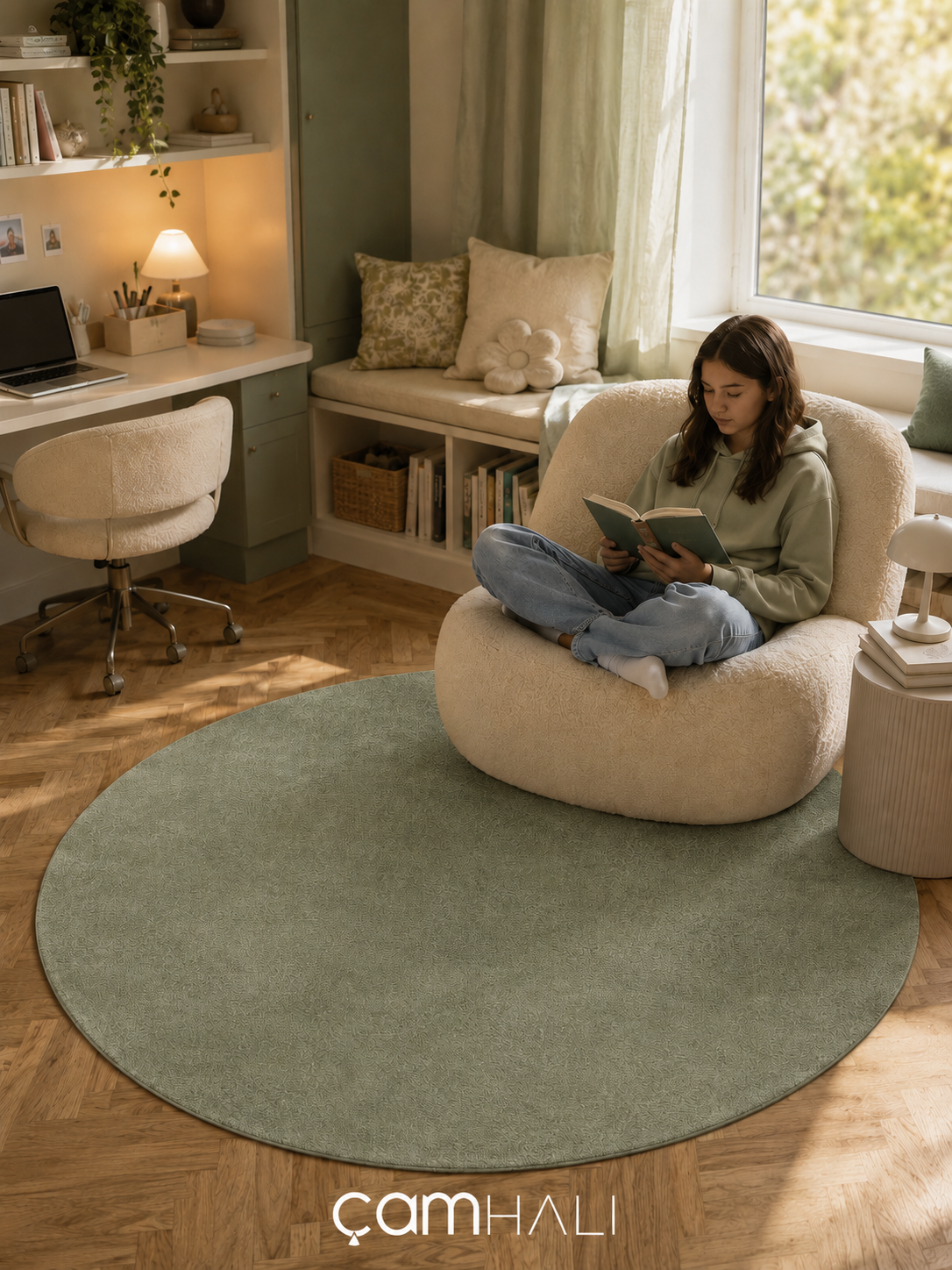 Eko Halı ZEN 01 GREEN DAİRE Hav Toz Vermez Yumuşak Dokulu Salon Halısı Oturma Odası Halısı Yatak Odası Halısı Çocuk Odası Halısı Koridor Halısı Mutfak Halısı Modern Makine Halısı