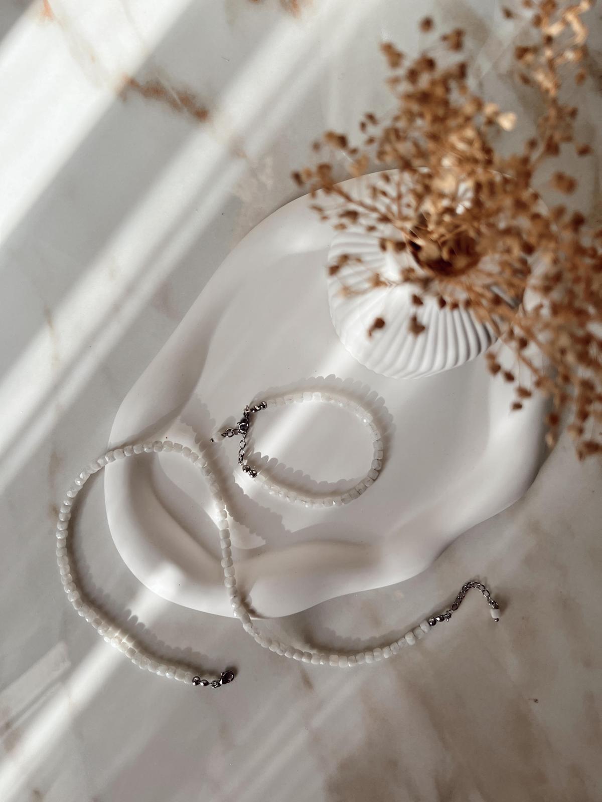 1.Sınıf Kare Kesim Fasetli Aytaşı Kolye ve Bileklik Set(Silver  Zincir)