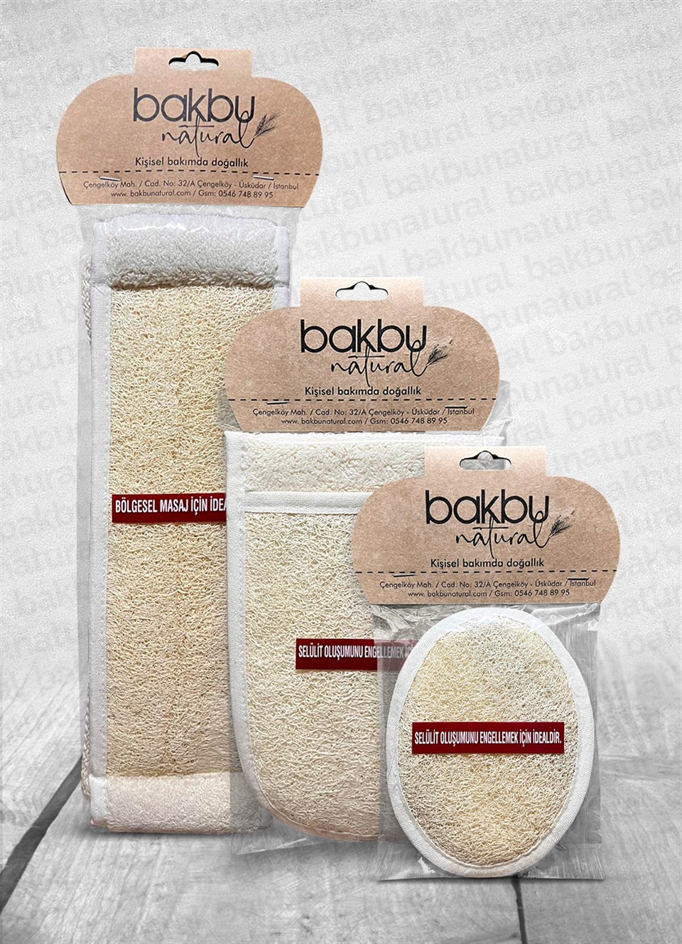 Bakbu Natural Uzun Sırt Kesesi &El Geçmeli Kabak Lifi Kesesi 3'Lü Set