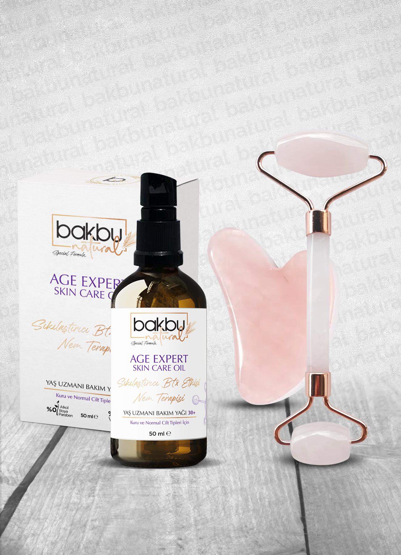 Bakbu Natural Yaş Uzmanı  Anti Aging Etkili Sıkılaştırıcı Yüz Ve Göz Çevresi Boyun Ve Dekolte Bölgesi Bakımında Etkili  Bakım Yağı, Pembe Kuvars Guasha Masaj Taşı Ve Face Roller Masaj Taşı