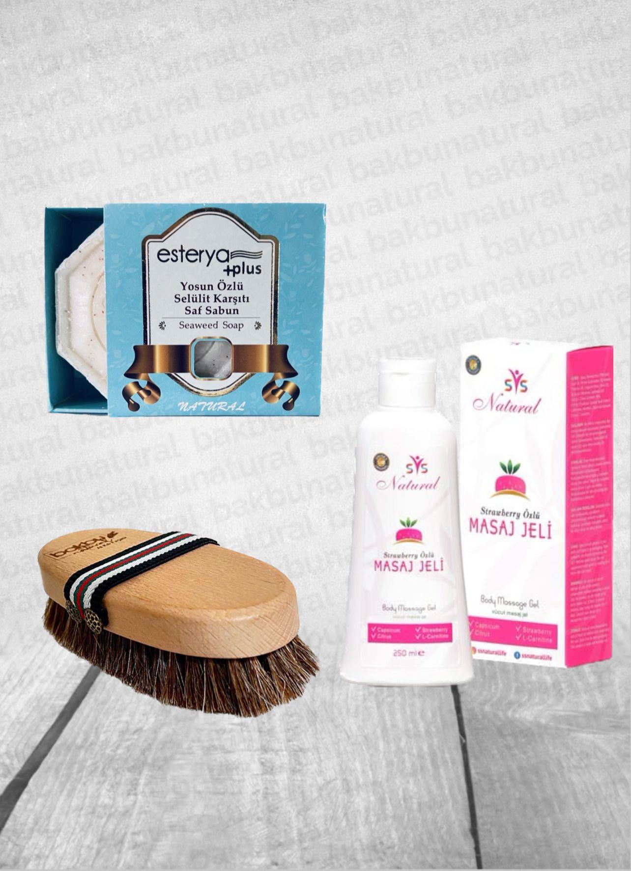 Ssnatural Strawberry Özlü İnceltici Sıkılaştırıcı Selülit Giderici Vücut Masaj Jeli ,Yosun Özlü Selülit Karşıtı Sabun Ve Atkılı Fırça