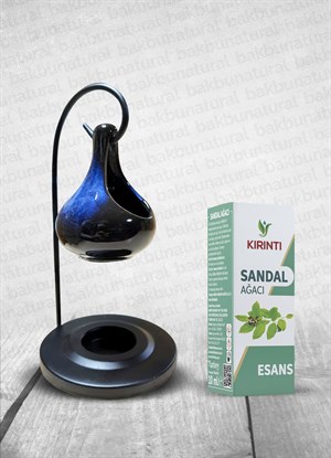 Standlı Seramik Buhurdanlık Ve Kırıntı Sandal Esans 10 Ml (Siyah-Lacivert)