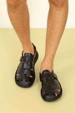 CASSİDOSHOES Siyah Deri Rahat Tabanlı  Sandalet  Erkek 015-112