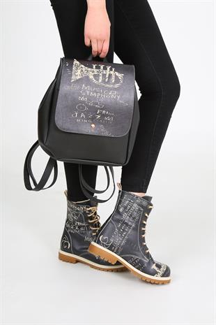 CASSIDOSHOES Müzik Jazz Baskılı Siyah Sırt Çantası