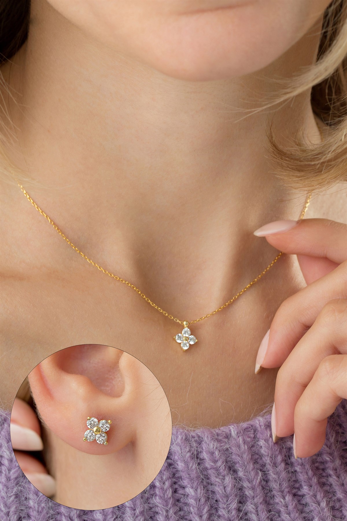 925 Ayar Gümüş Yonca Küpe ve Kolye Set