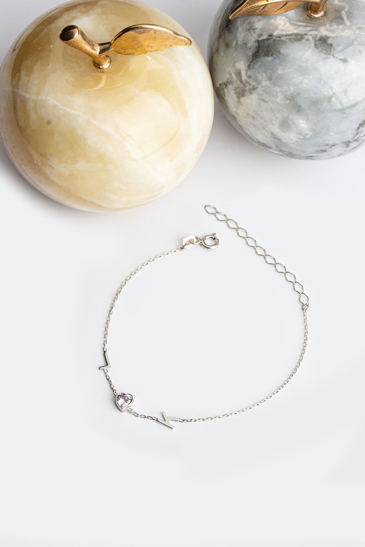 Gümüş Kalp Taşlı Harf Bileklik