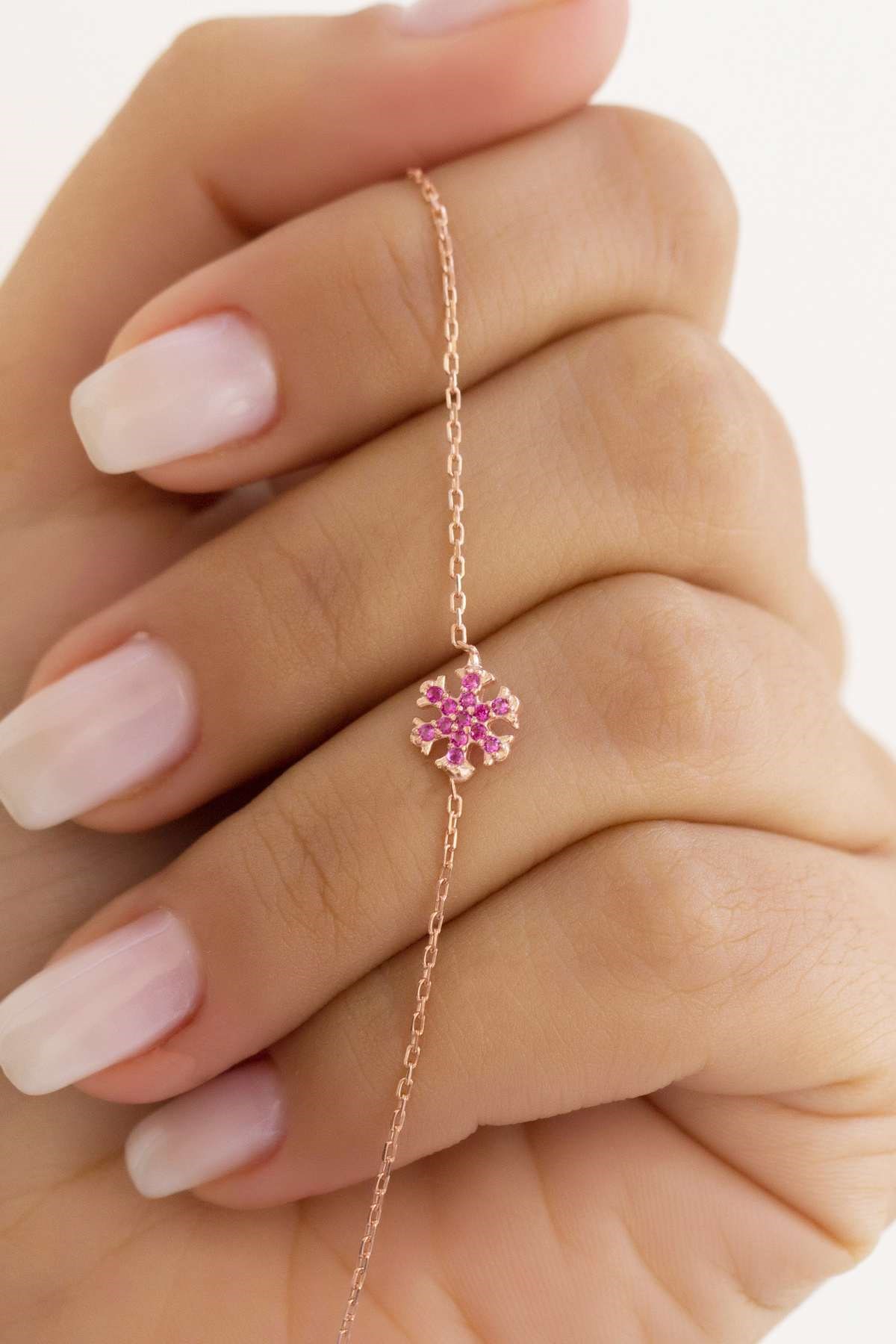 Gümüş Pembe Taşlı Kar Tanesi Bileklik