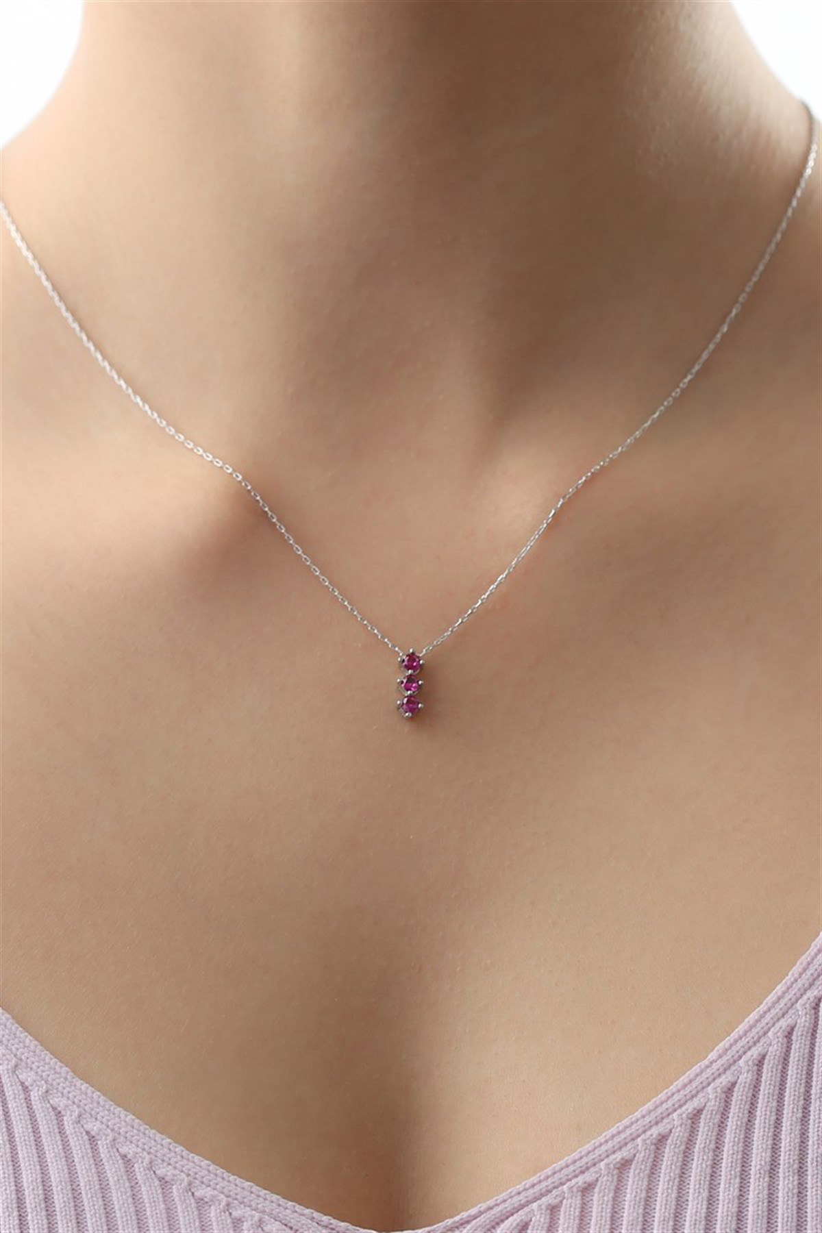 Gümüş Pembe Taşlı Kolye