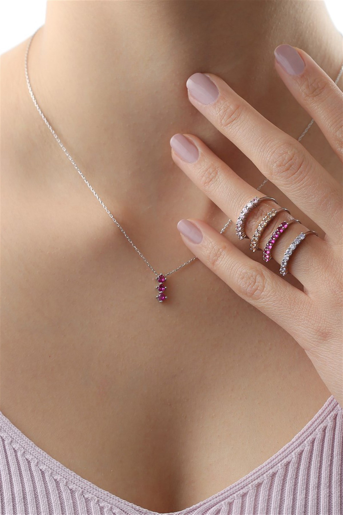 Gümüş Pembe Taşlı Kolye