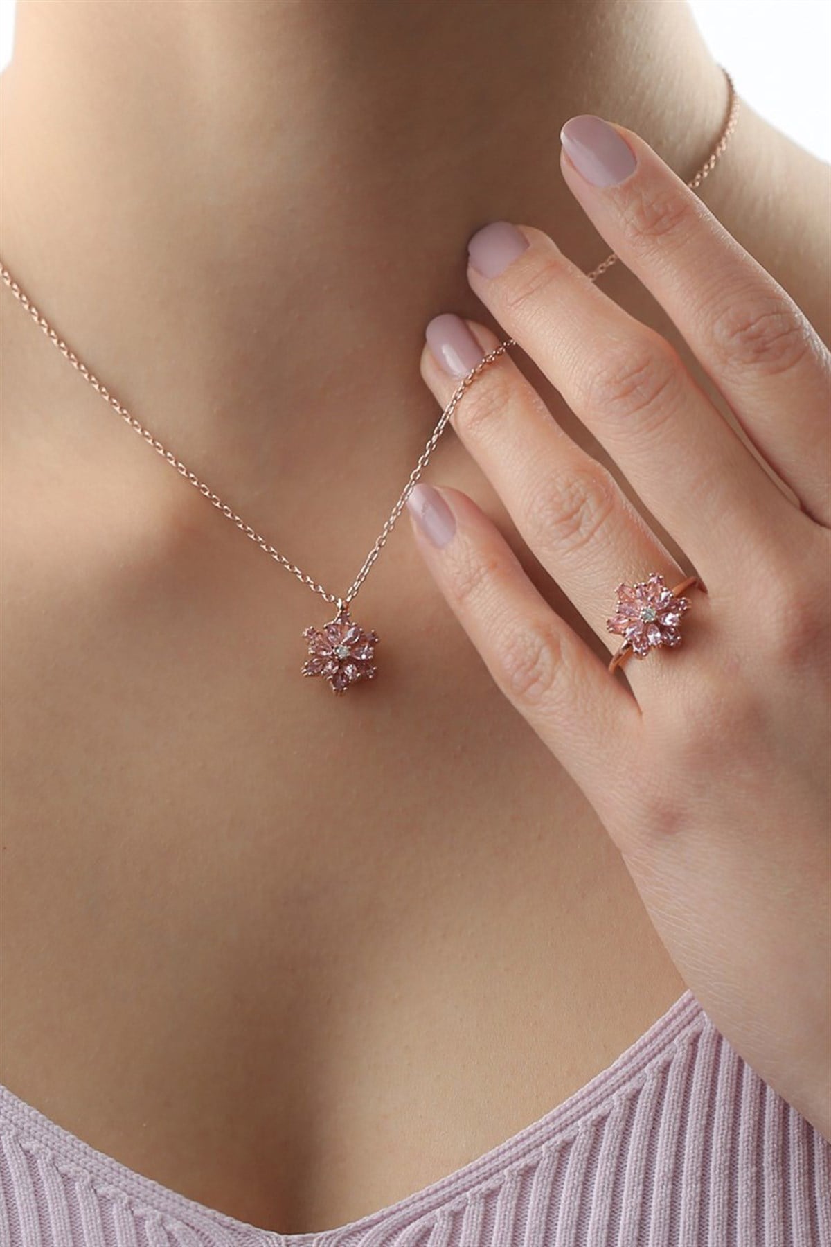 Gümüş Pembe Taşlı Lotus Çiçeği Kolye Yüzük Mini Set