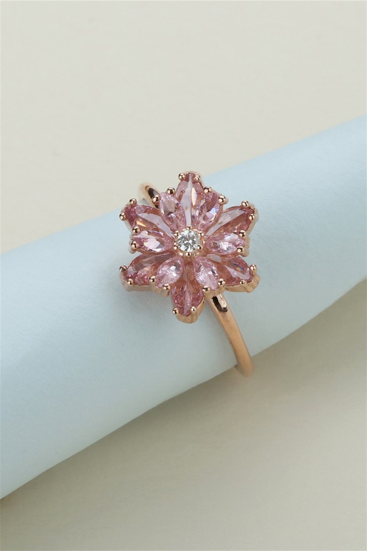 Gümüş Pembe Taşlı Lotus Çiçeği Kolye Yüzük Mini Set