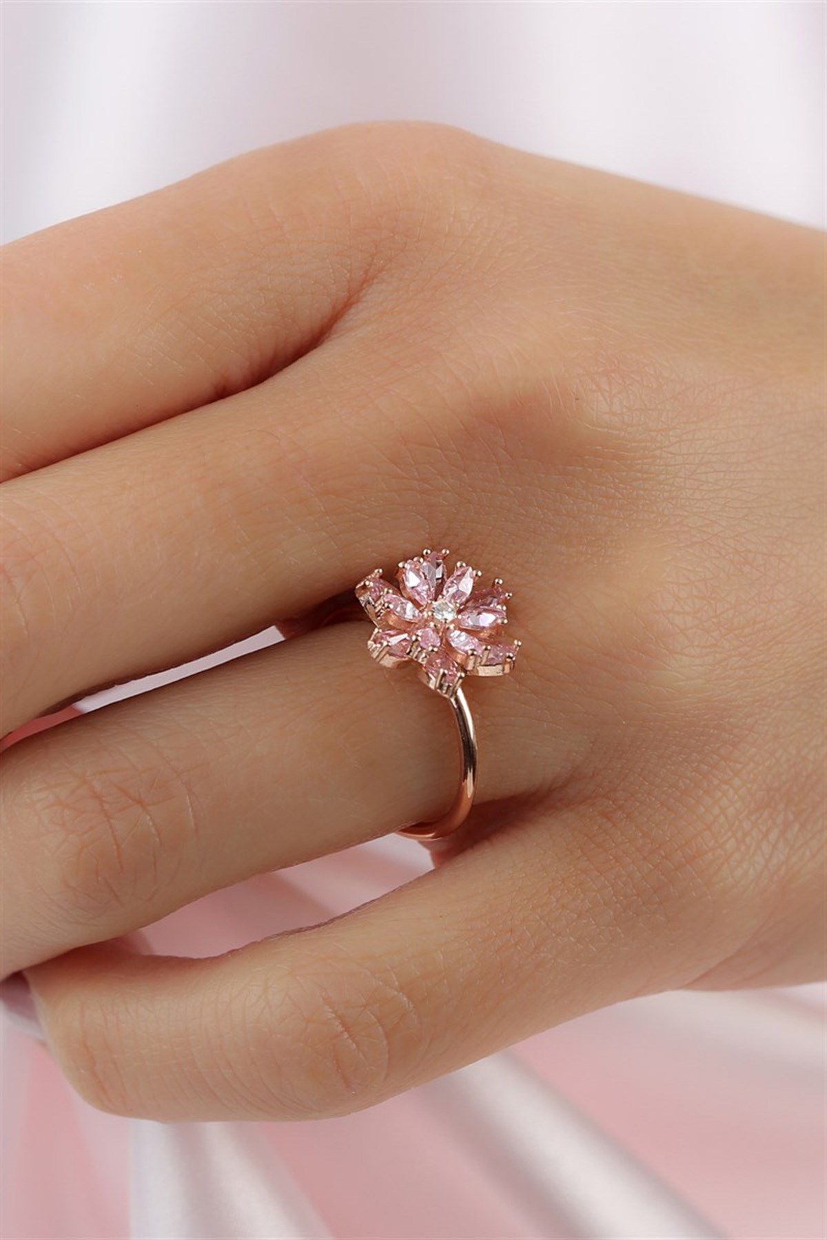 Gümüş Pembe Taşlı Lotus Çiçeği Kolye Yüzük Mini Set