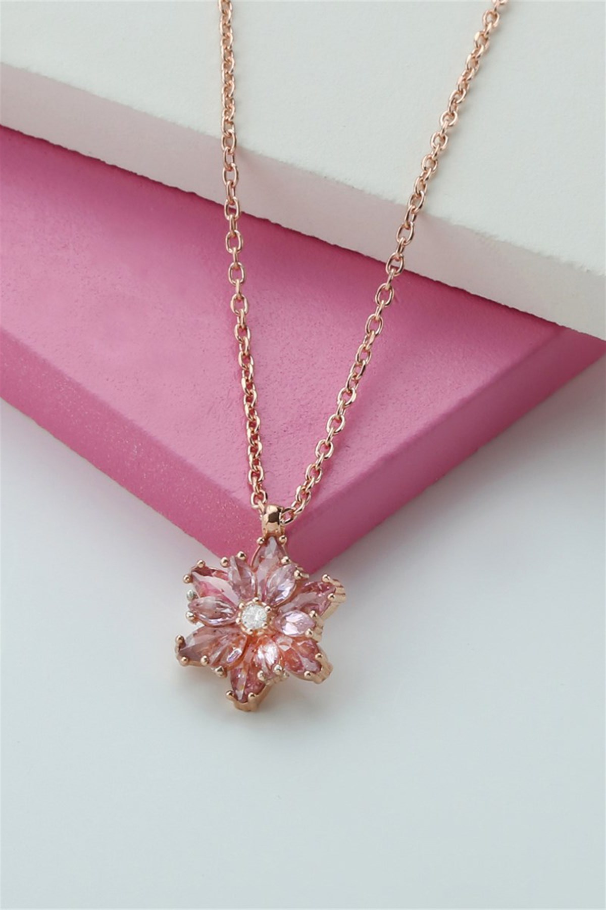 Gümüş Pembe Taşlı Lotus Çiçeği Kolye Yüzük Mini Set
