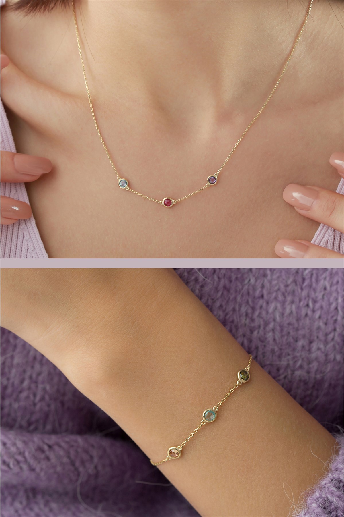 925 Ayar Gümüş Renkli Taşlı Kolye Bileklik Mini Set