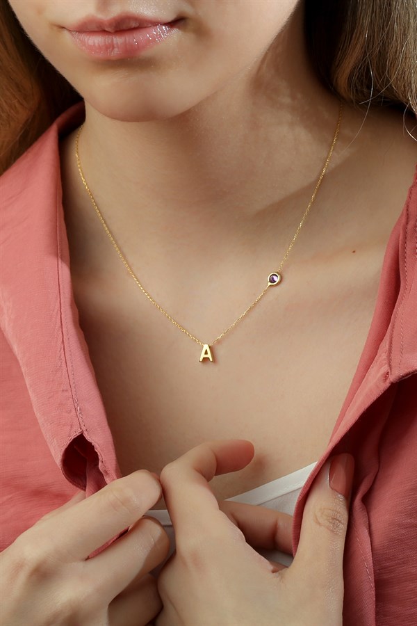 925 Ayar Gümüş Harf Doğum Taşlı kolye