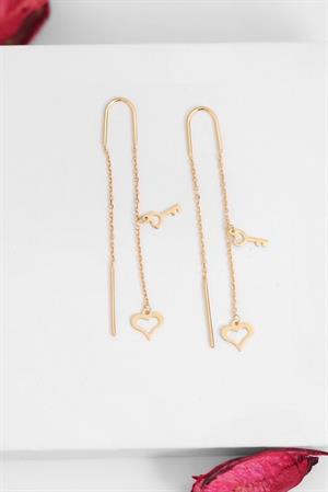 Altın Sallantılı Anahtar Kalp Küpe