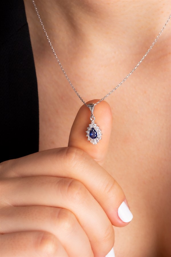 Gümüş Damla Safir Taşlı Kolye Küpe Yüzük Set