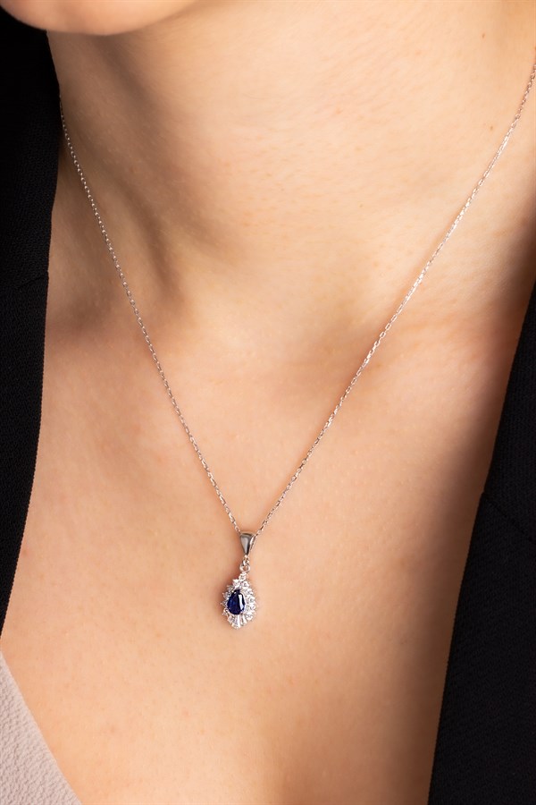 Gümüş Damla Safir Taşlı Kolye Küpe Yüzük Set