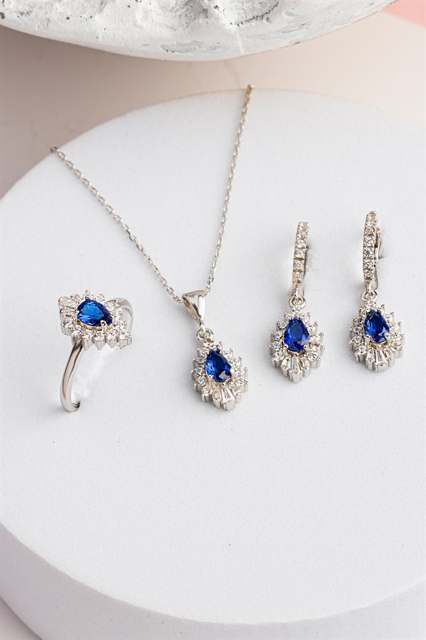 Gümüş Damla Safir Taşlı Kolye Küpe Yüzük Set