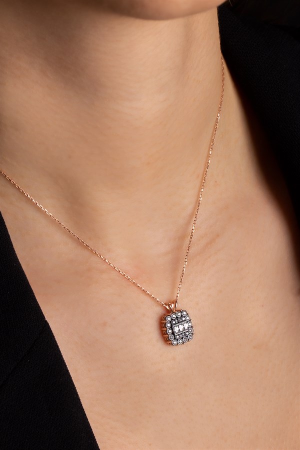 Gümüş Elmas Monürlü Baget Taşlı Kolye Küpe Yüzük Set