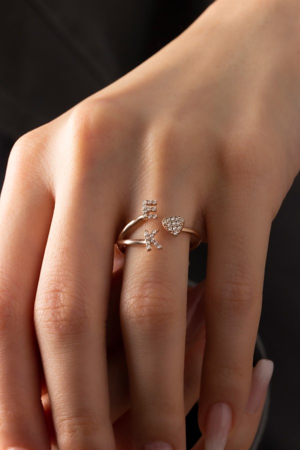 Gümüş İki Harfli Kalpli Sarılan Harfler Yüzük 