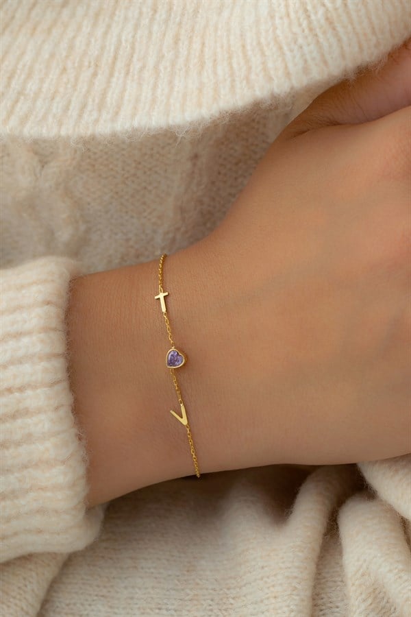 Gümüş Kalp Taşlı Harf Bileklik