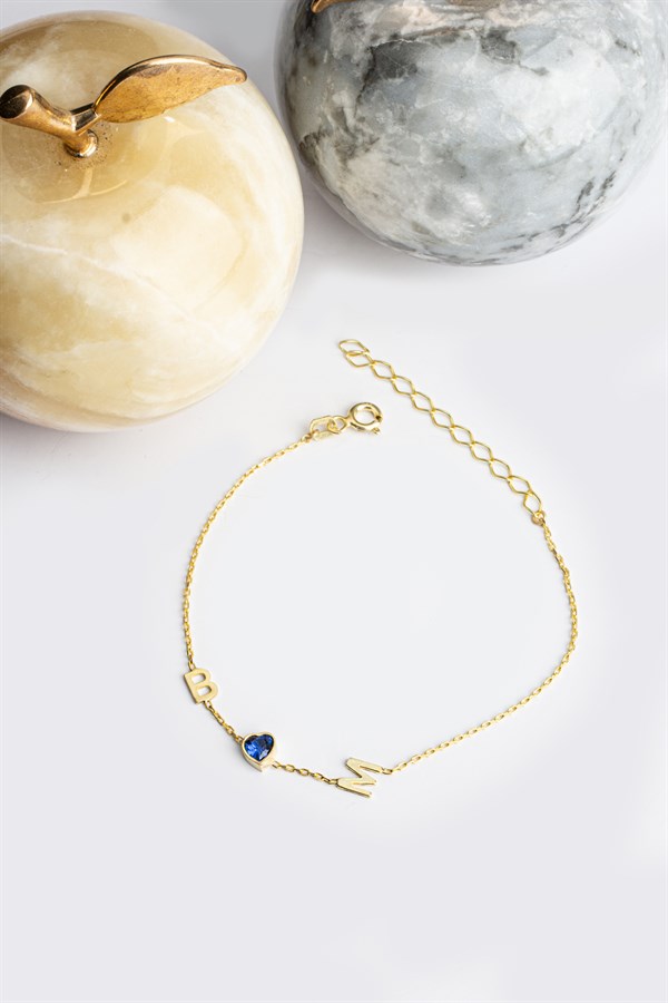 Gümüş Kalp Taşlı Harf Bileklik