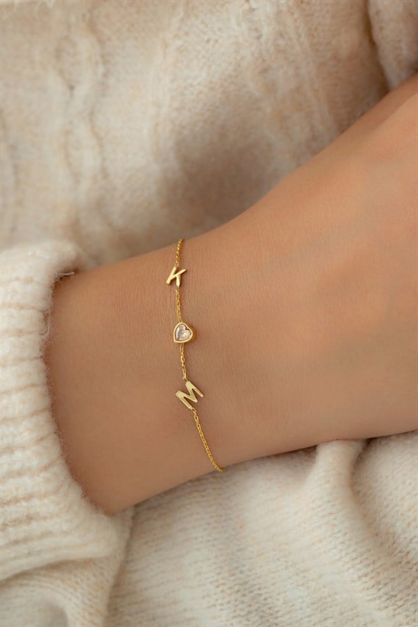 Gümüş Kalp Taşlı Harf Bileklik