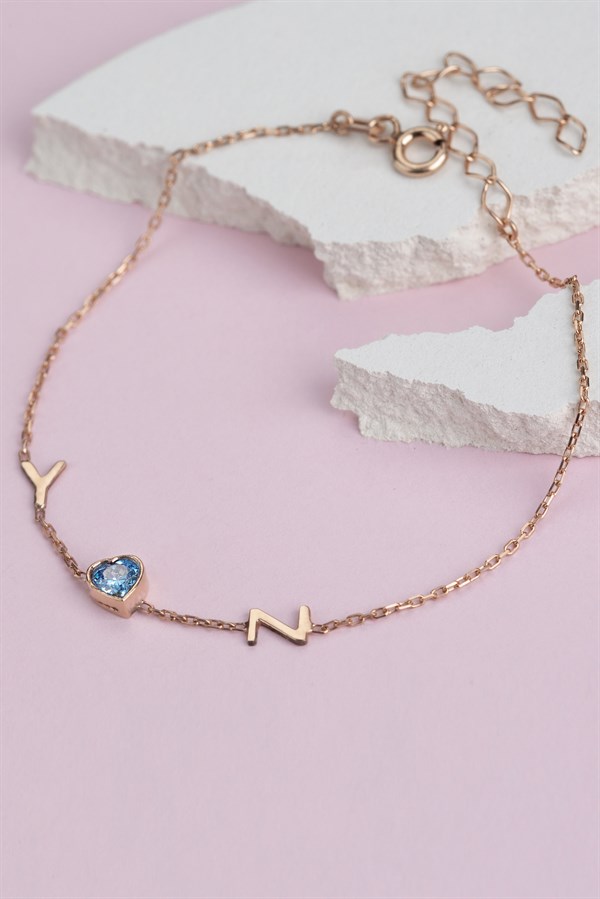 Gümüş Kalp Taşlı Harf Bileklik