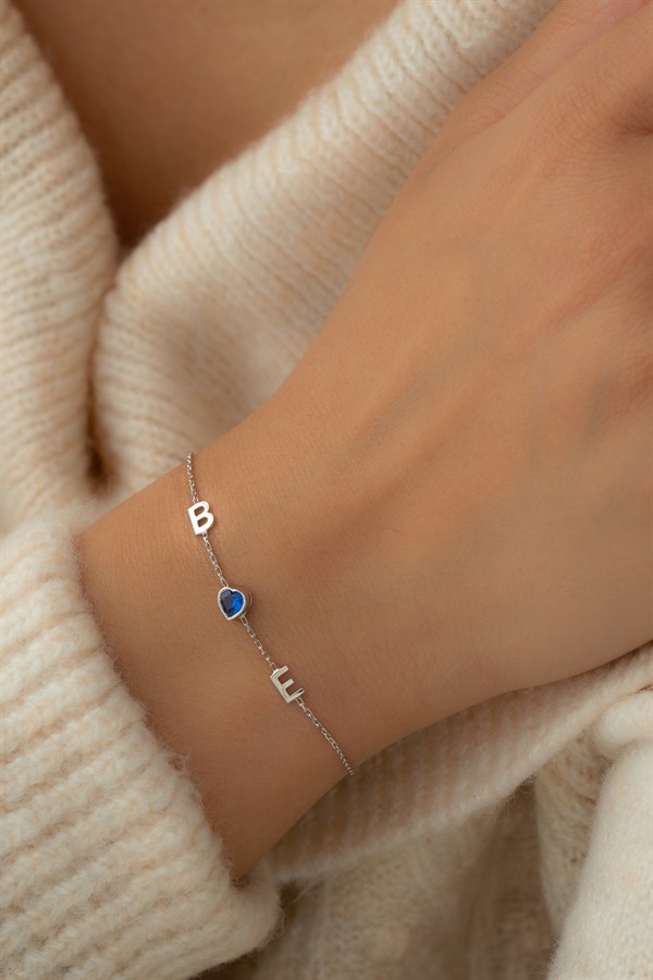 Gümüş Kalp Taşlı Harf Bileklik