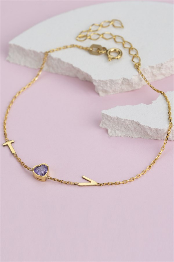 Gümüş Kalp Taşlı Harf Bileklik