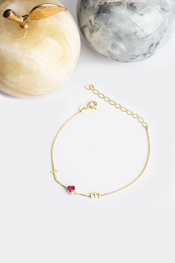 Gümüş Kalp Taşlı Harf Bileklik