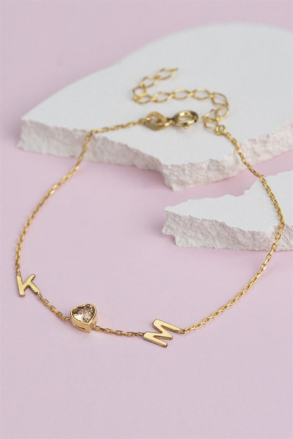 Gümüş Kalp Taşlı Harf Bileklik