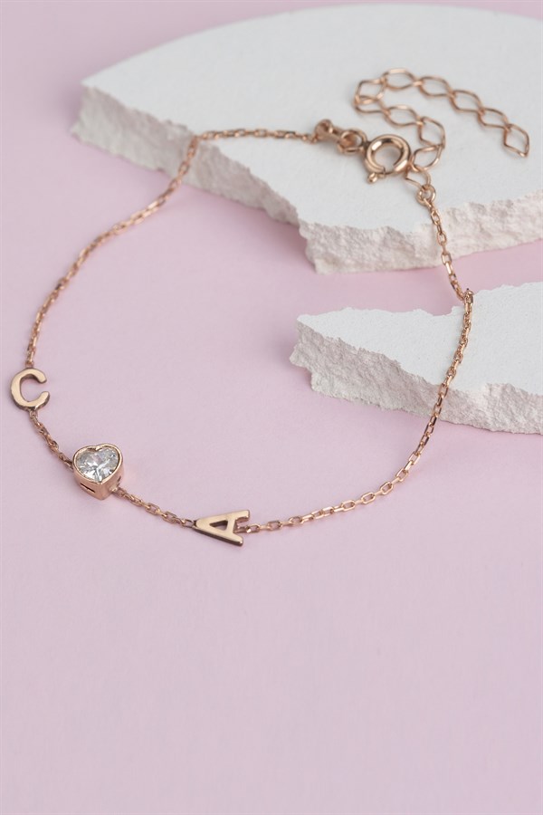Gümüş Kalp Taşlı Harf Bileklik