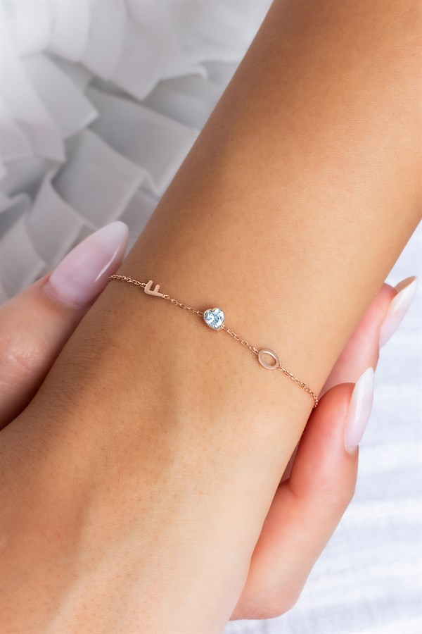 Gümüş Kalp Taşlı Harf Bileklik