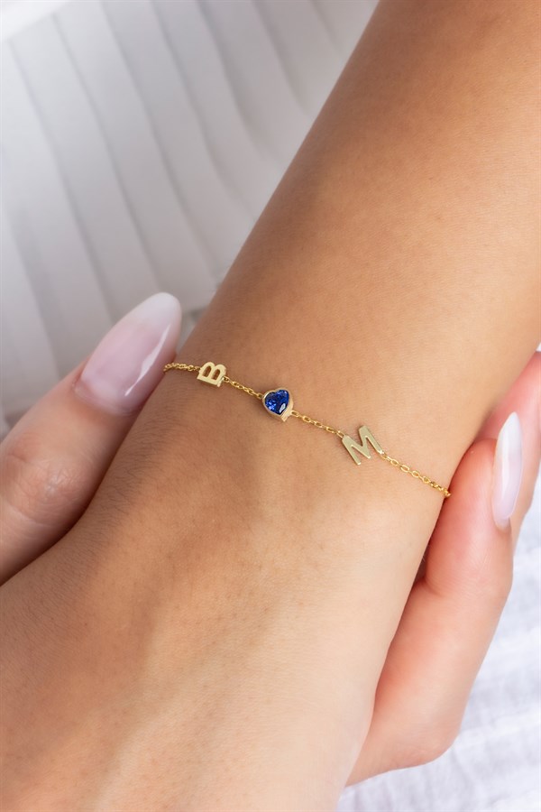 Gümüş Kalp Taşlı Harf Bileklik