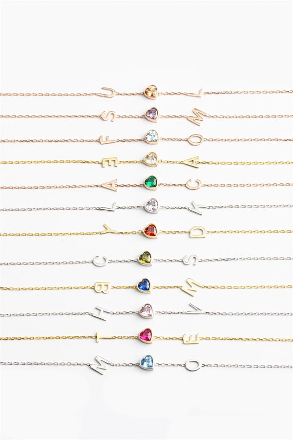 Gümüş Kalp Taşlı Harf Bileklik