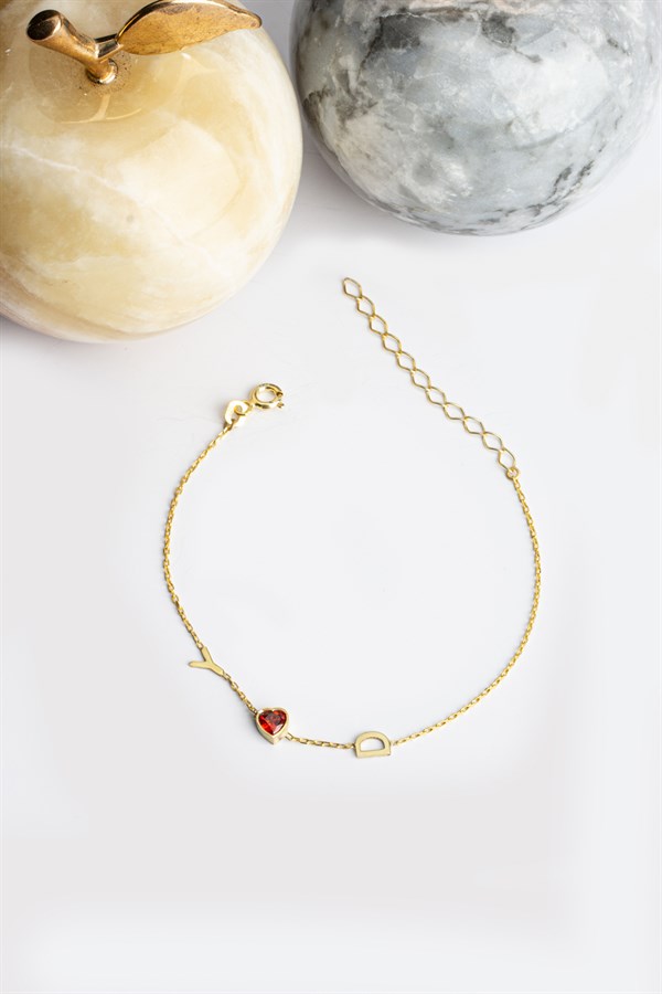 Gümüş Kalp Taşlı Harf Bileklik