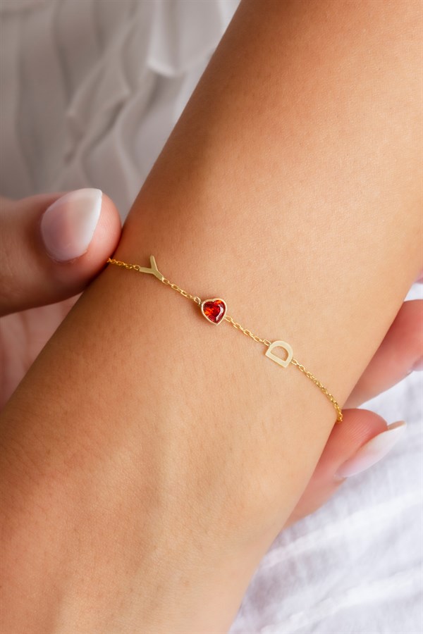 Gümüş Kalp Taşlı Harf Bileklik