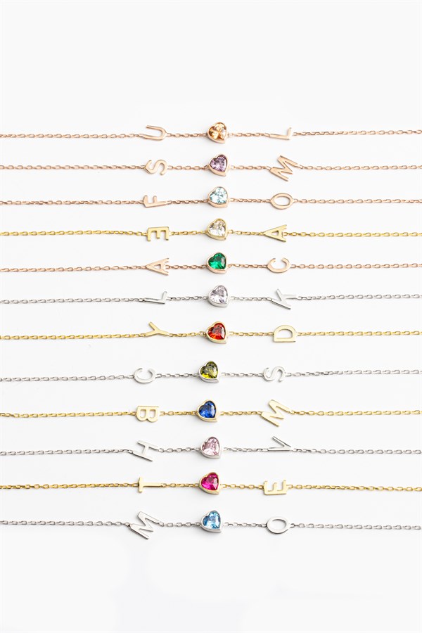 Gümüş Kalp Taşlı Harf Bileklik