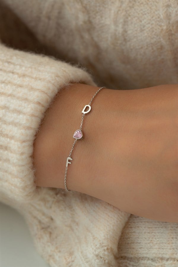 Gümüş Kalp Taşlı Harf Bileklik