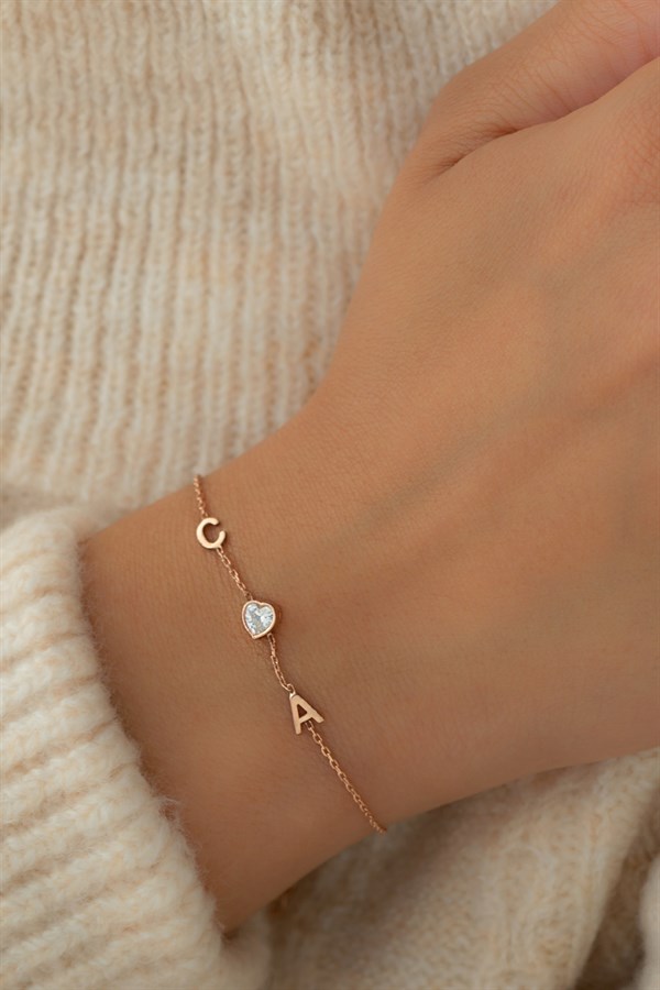 Gümüş Kalp Taşlı Harf Bileklik