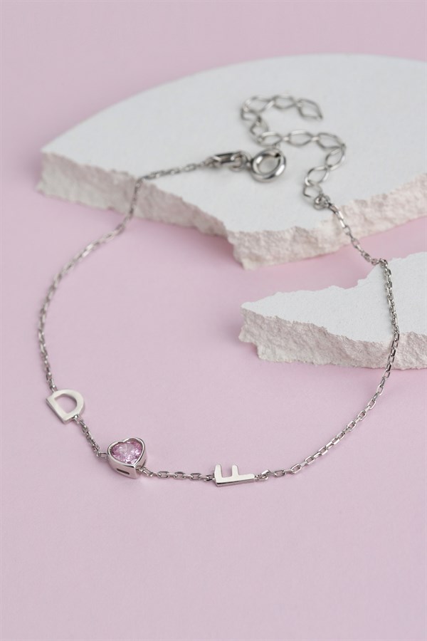 Gümüş Kalp Taşlı Harf Bileklik