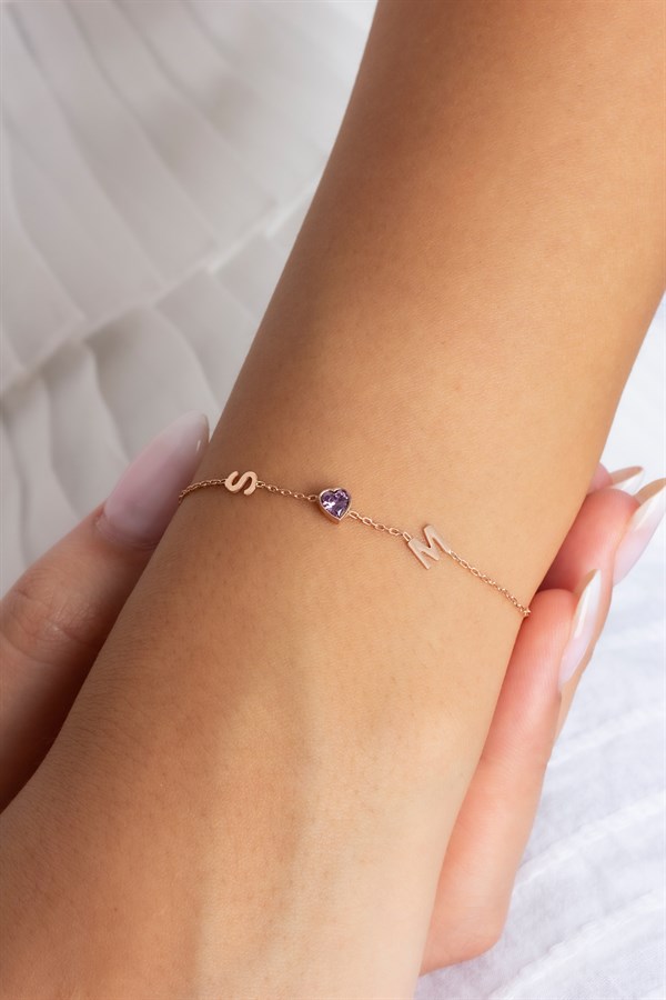 Gümüş Kalp Taşlı Harf Bileklik