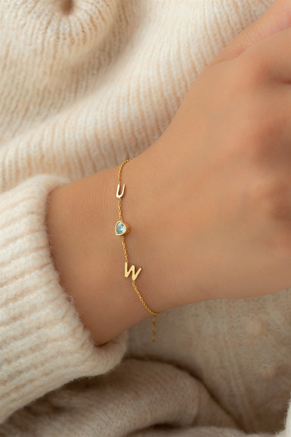 Gümüş Kalp Taşlı Harf Bileklik