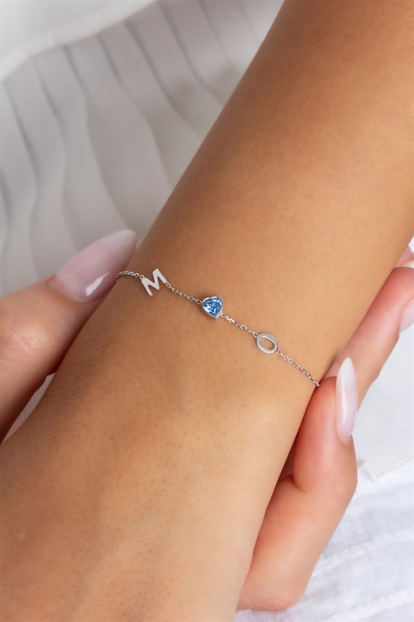 Gümüş Kalp Taşlı Harf Bileklik