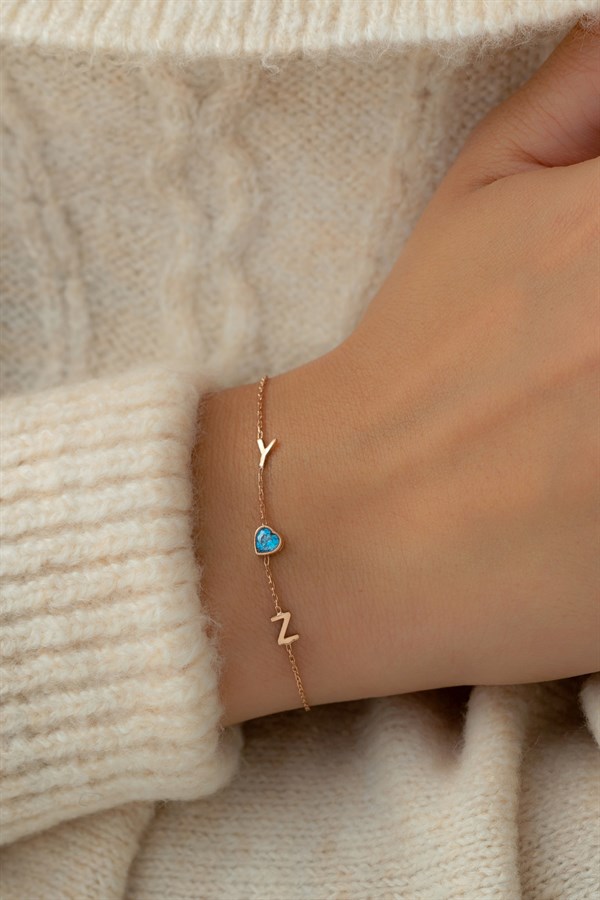 Gümüş Kalp Taşlı Harf Bileklik