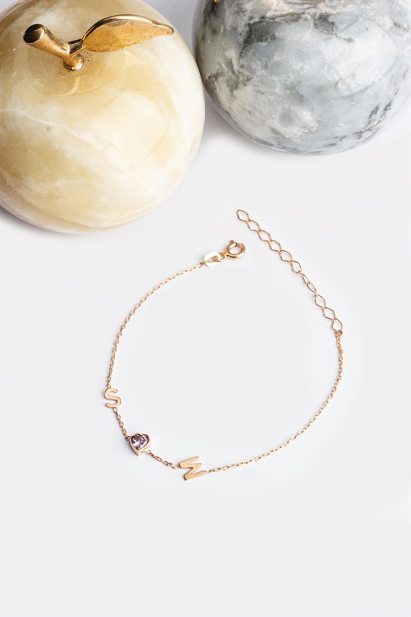 Gümüş Kalp Taşlı Harf Bileklik